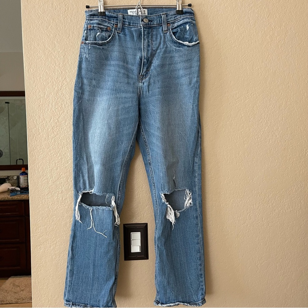 Abercrombie & Fitch Blue Straight Leg Jeans with Distressed Details